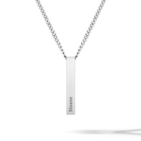 Silver necklace with a vertical bar pendant on a white background