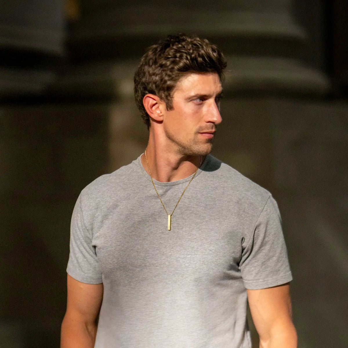 Man wearing a gray t-shirt and gold necklace against a blurred background