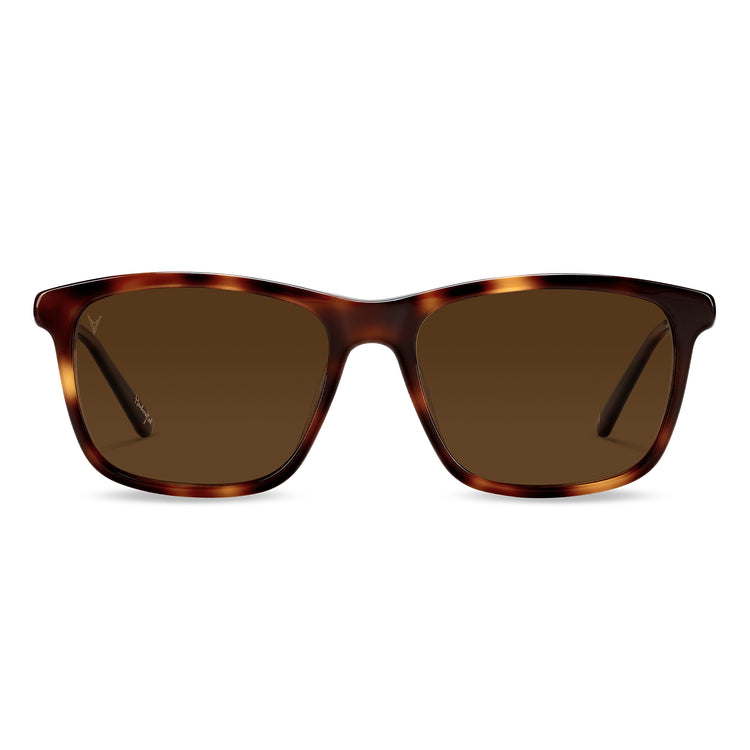A pair of rye tortoise acetate sunglasses with polarized brown lenses and marble inlay on the temples.
