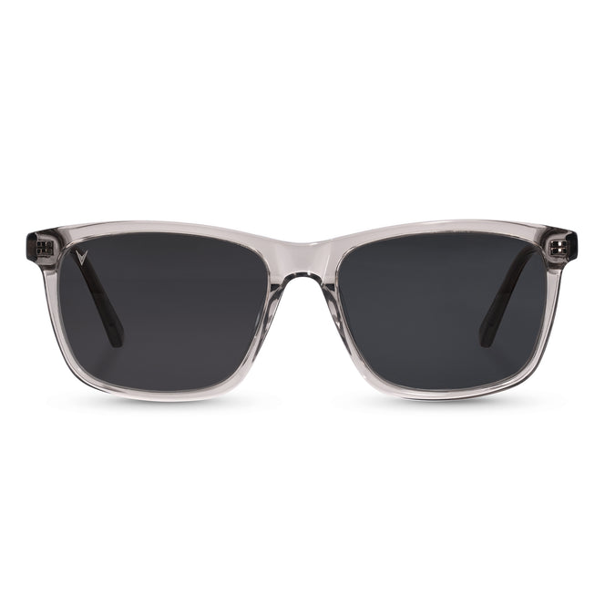 A pair of acetate frame sunglasses with dark lenses, front view.