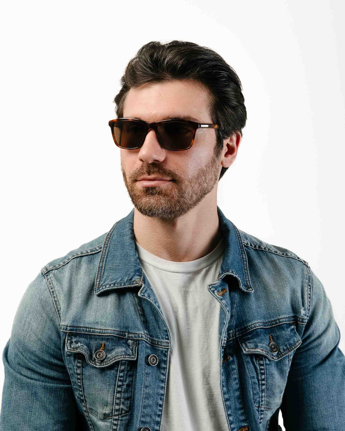 Man wearing sunglasses and a denim jacket on a white background