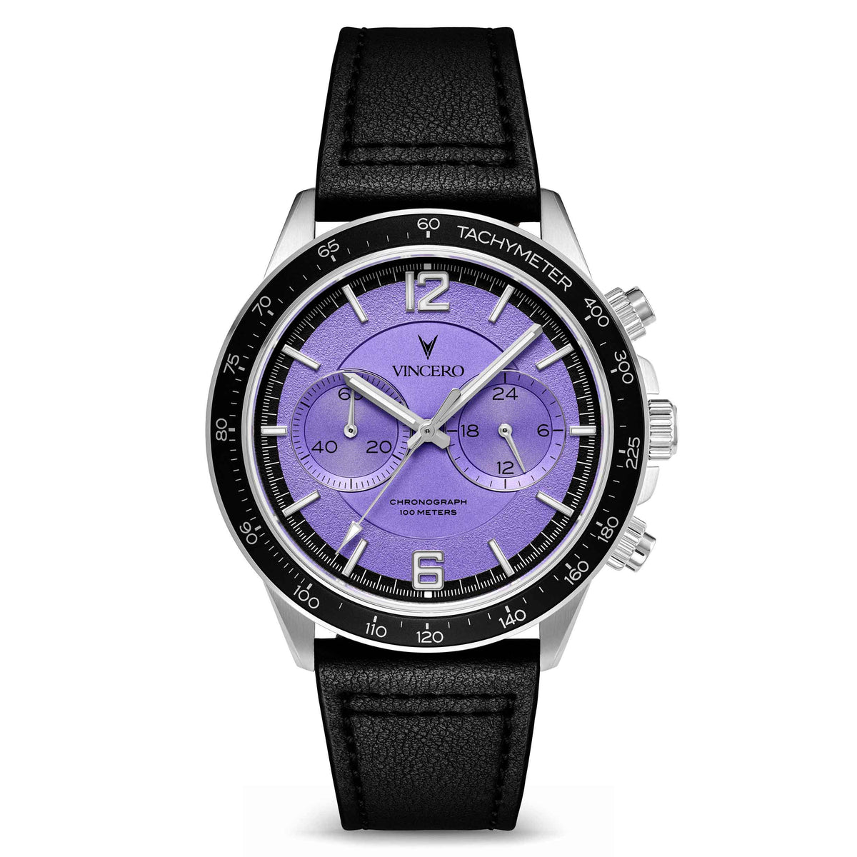 A silver-toned stainless steel watch with a black leather strap and a purple dial featuring black subdials, displayed against a white background.