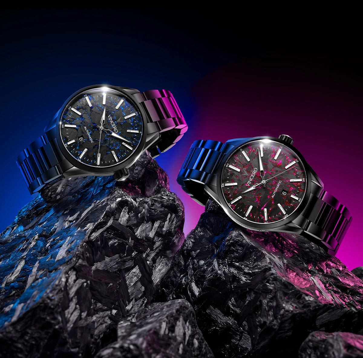 Two watches with black faces and colorful straps on a rocky surface with a dark background