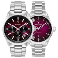 Two silver Vincero watches with purple faces on a white background