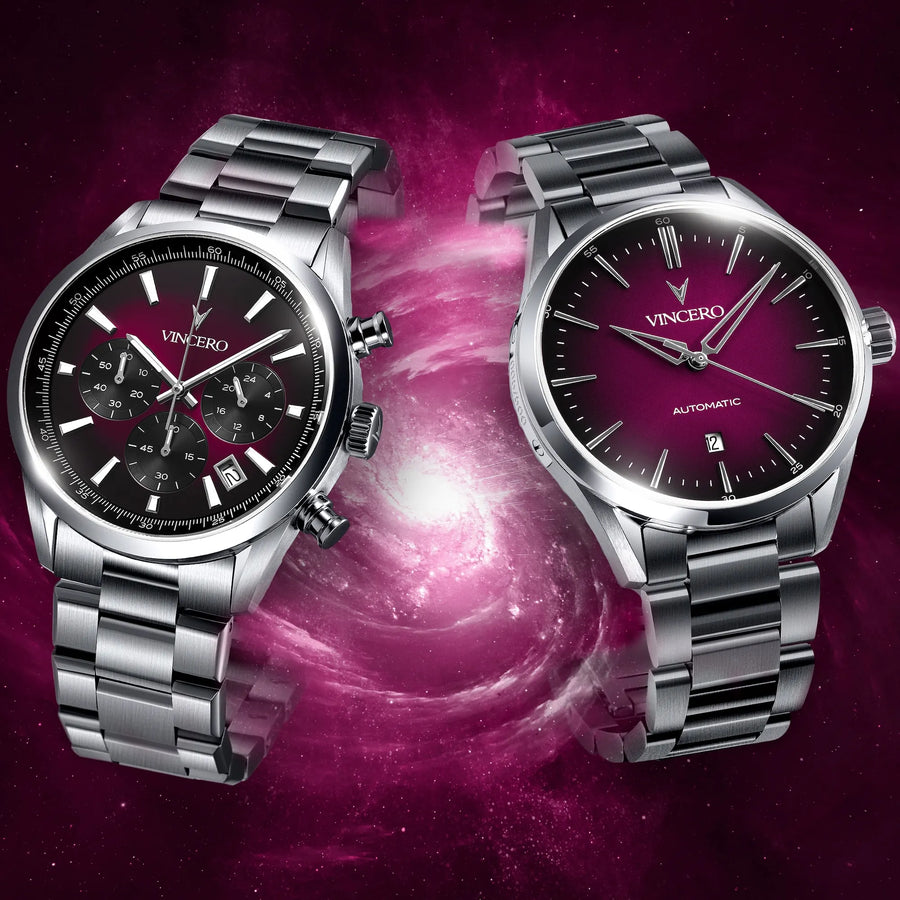 Two silver watches with purple faces on a purple cosmic background
