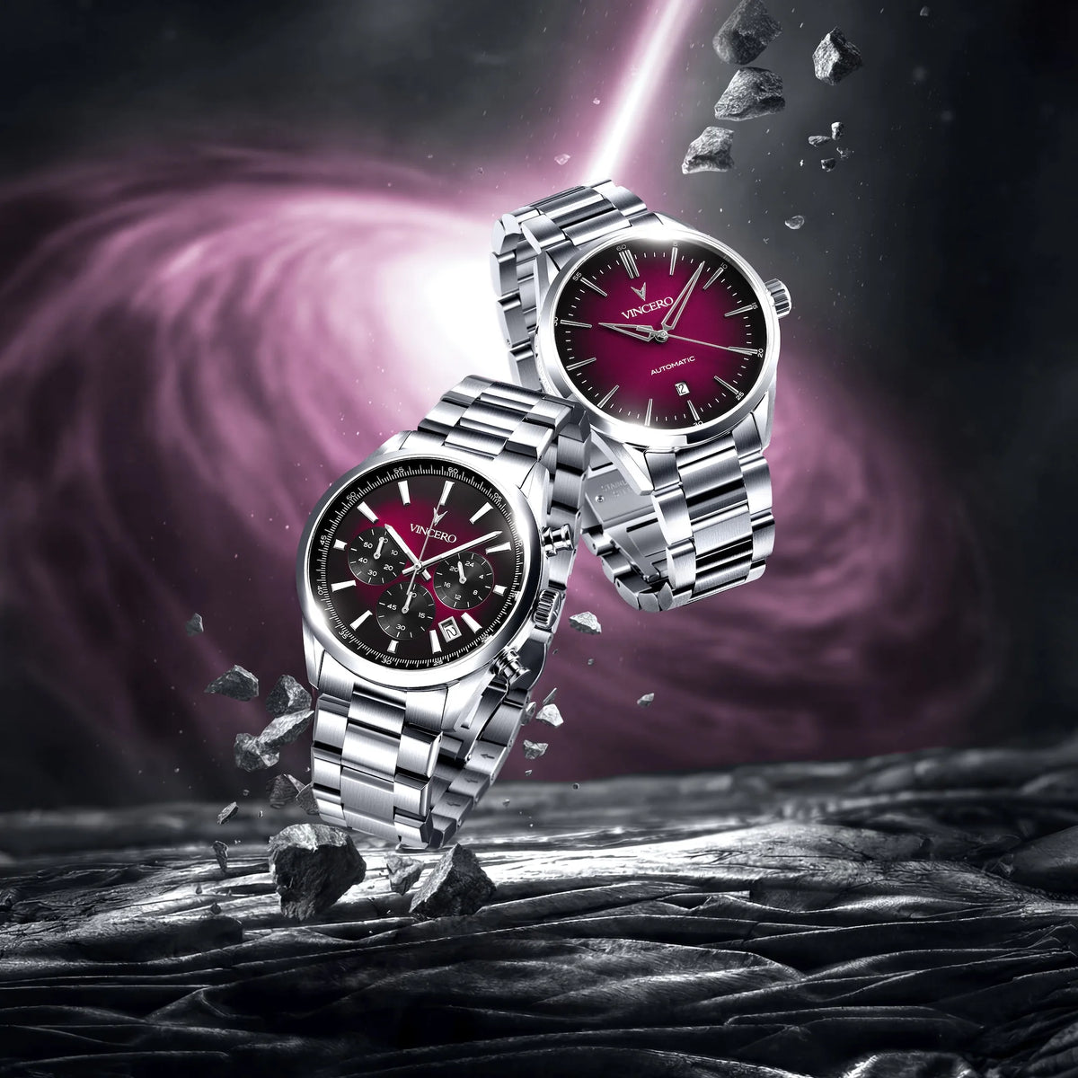 Two silver watches with red faces on a dark, cosmic background