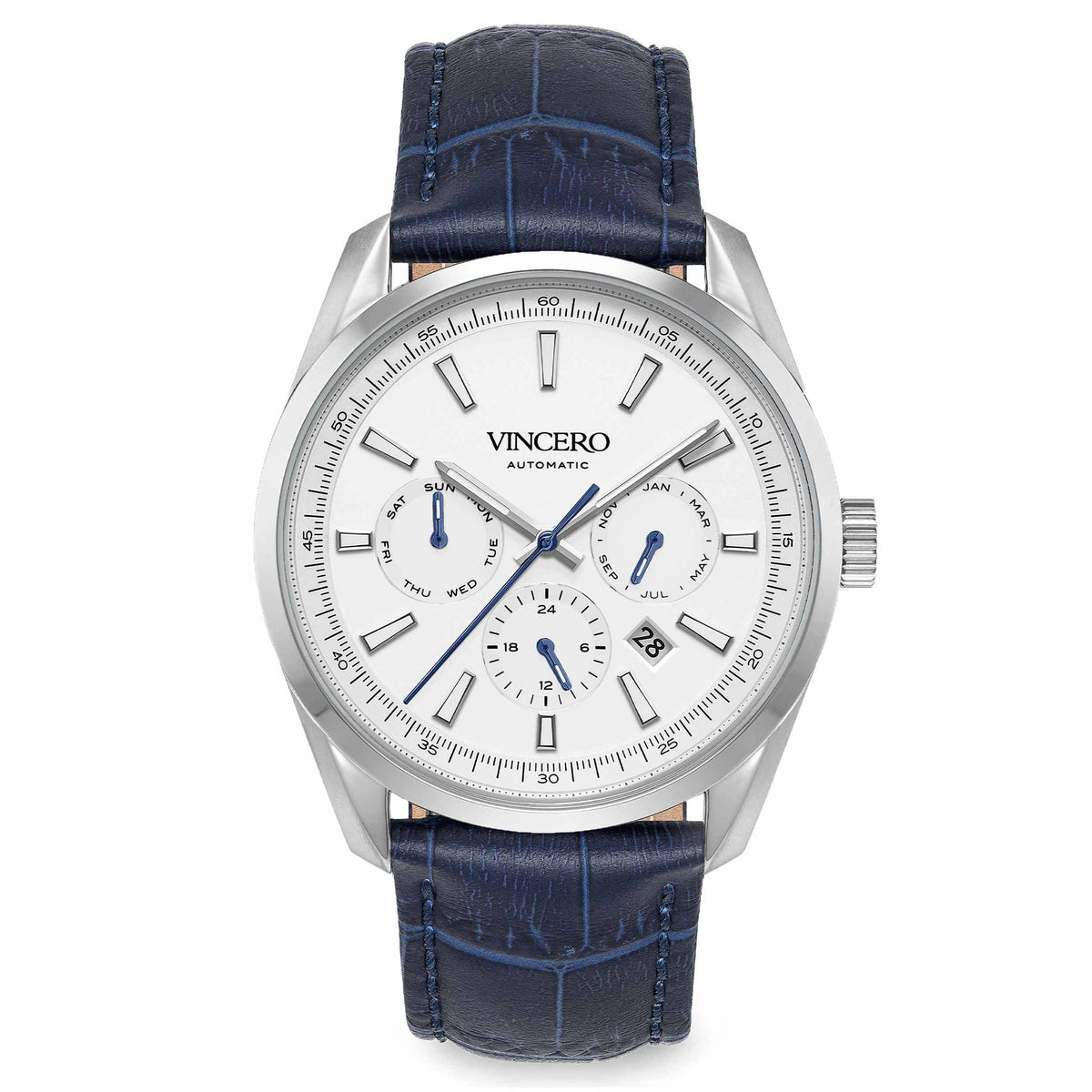 A silver and blue Vincero Reserve Automatic watch with a leather band and a date display.