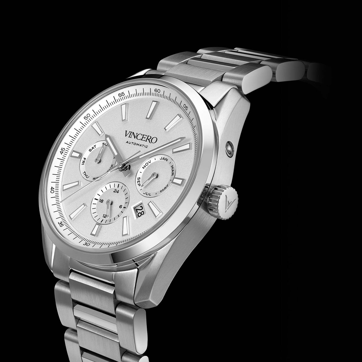 Silver Vincero watch with a detailed face on a black background