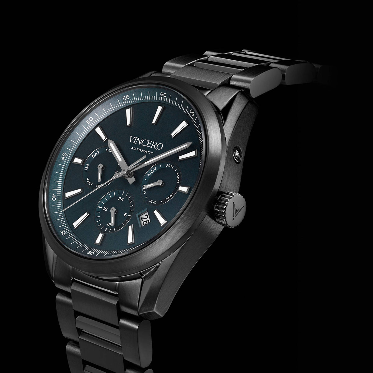 Black wristwatch with detailed face on a black background, featuring the brand 'Vincero'.