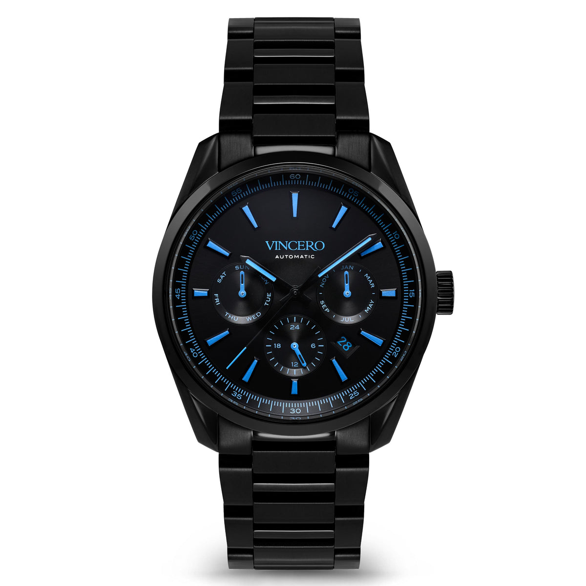Black wristwatch with blue accents on a white background