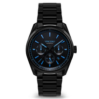 Black wristwatch with blue accents on a white background