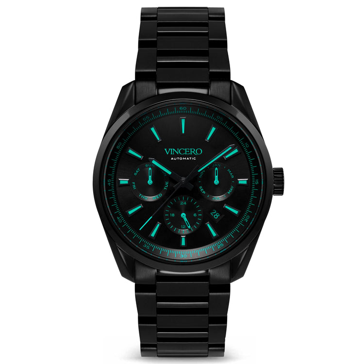 Black wristwatch with green glowing face on a white background