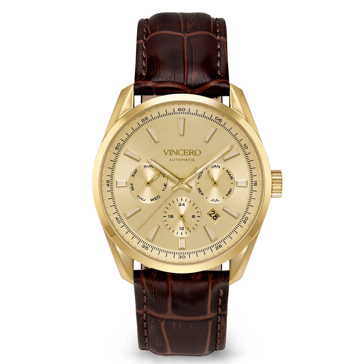 A VINCERO automatic watch with a gold-tone case and dial, featuring three subdials, a date window, and a dark brown alligator-textured leather strap, shown against a plain white background.