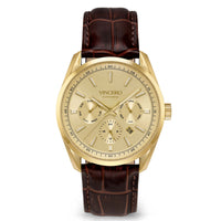 A VINCERO automatic watch with a gold-tone case and dial, featuring three subdials, a date window, and a dark brown alligator-textured leather strap, shown against a plain white background.