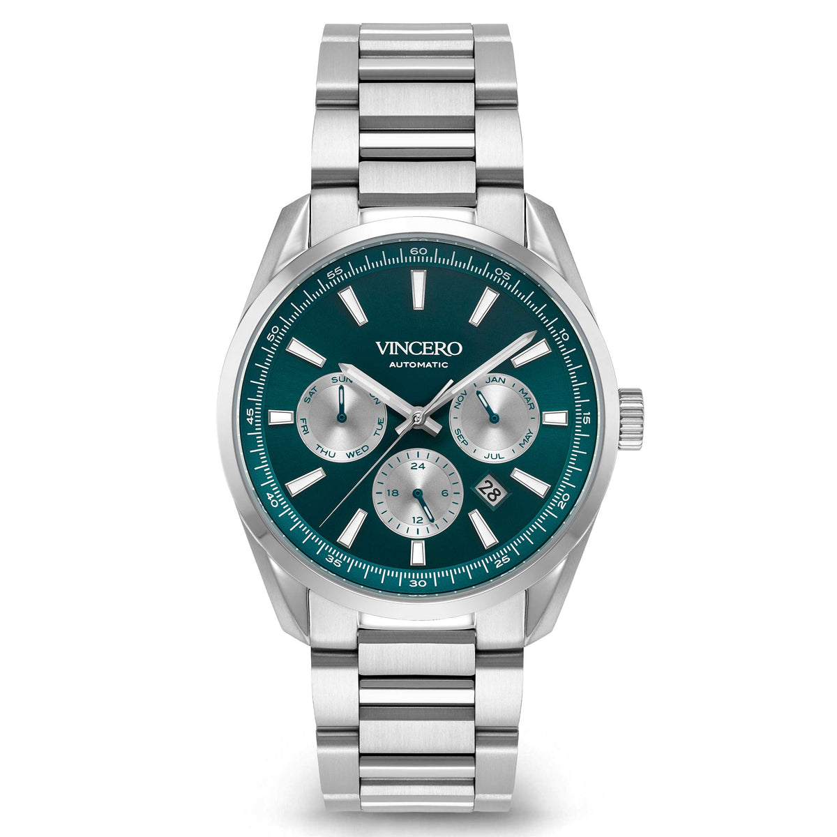 Vincero Automatic watch with a silver stainless steel case and link bracelet, featuring a dark green dial with three silver subdials and a date window.