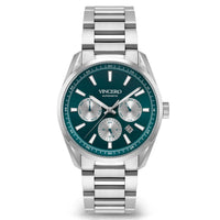 Vincero Automatic watch with a silver stainless steel case and link bracelet, featuring a dark green dial with three silver subdials and a date window.