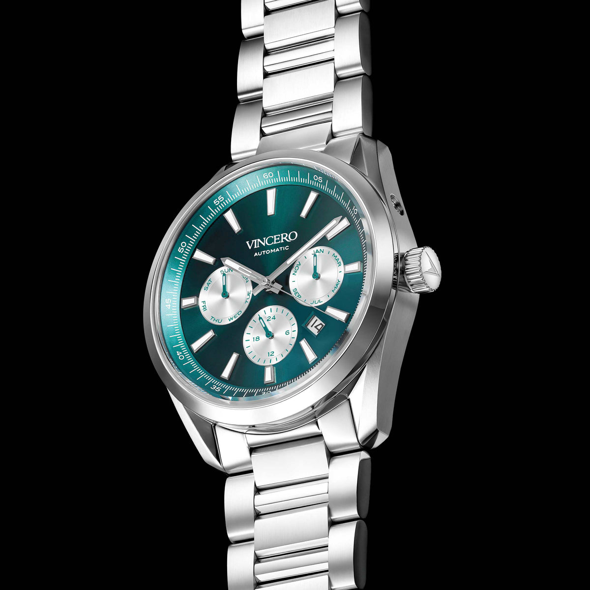 A silver stainless steel wristwatch with a teal green dial and matching green sub-dials, featuring a silver link bracelet and a date window, shown against a solid black background.