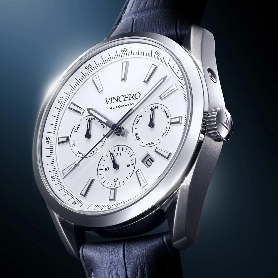 Vincero watch with a detailed face on a dark background