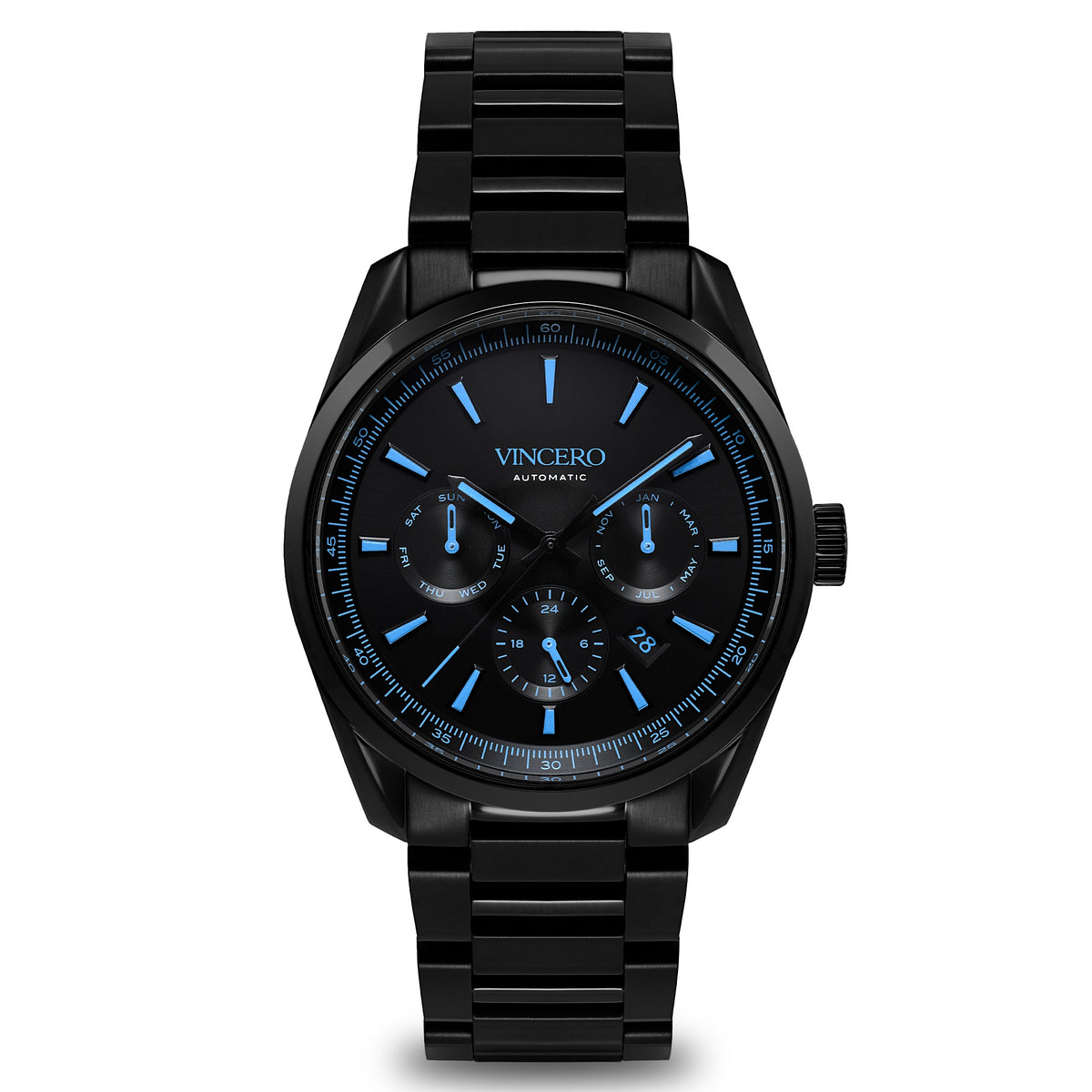 Black Vincero watch with blue accents on a white background