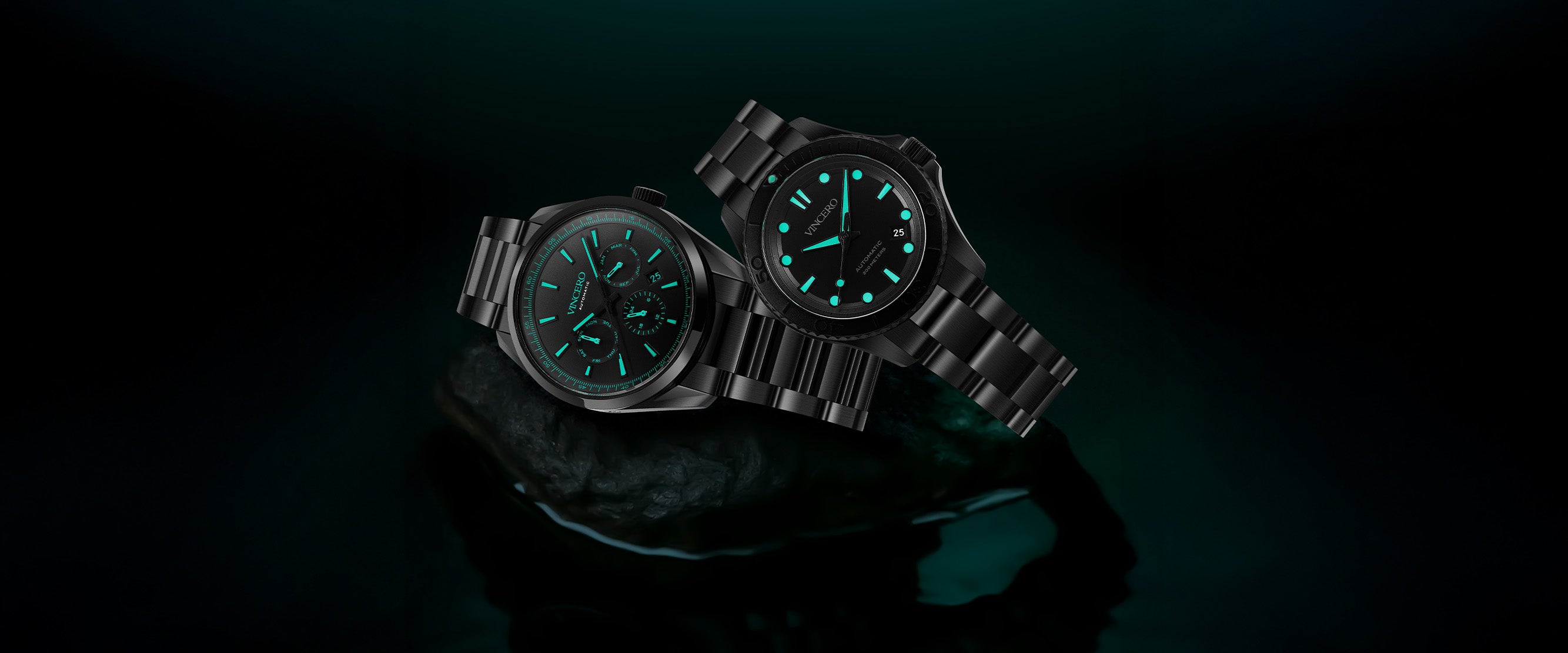 Two black watches with green digital displays on a dark background