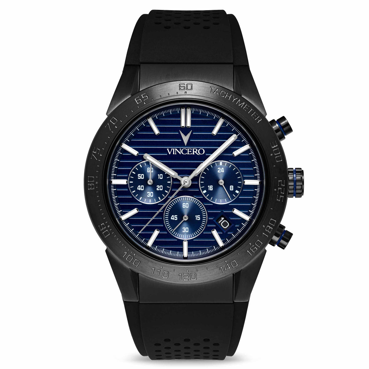 A Vincero Rogue watch with a black silicone strap and a blue dial featuring chronograph functionality.