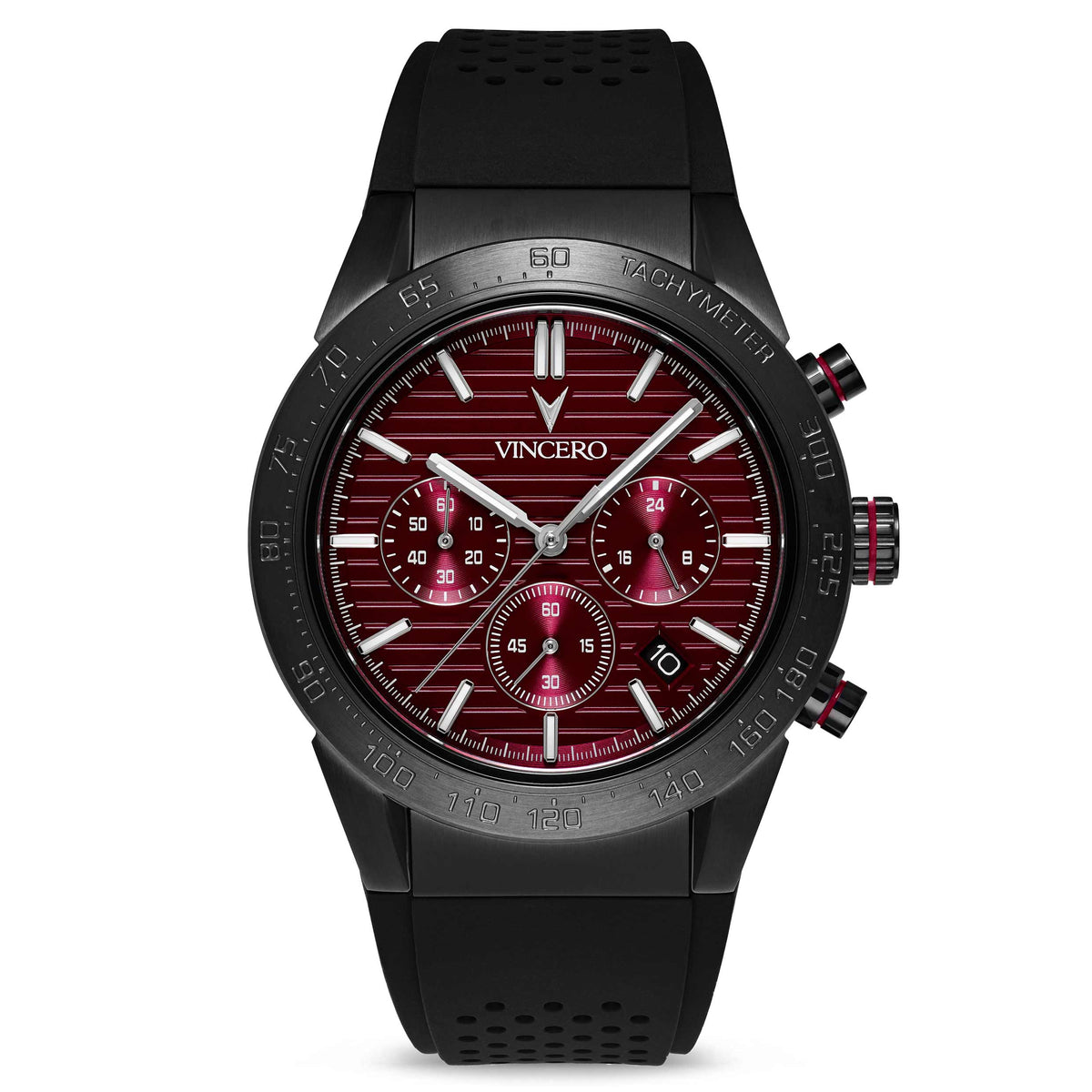 A black silicone strap watch with a gunmetal case and a red dial, featuring a chronograph function and a sapphire crystal glass.