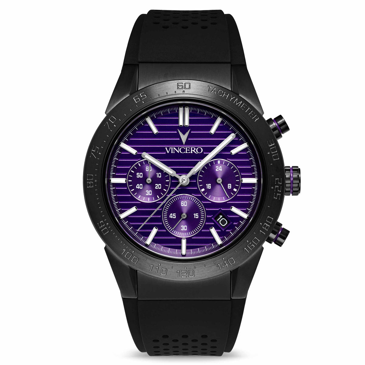A silver and black Vincero watch with a purple dial and a black silicone strap.