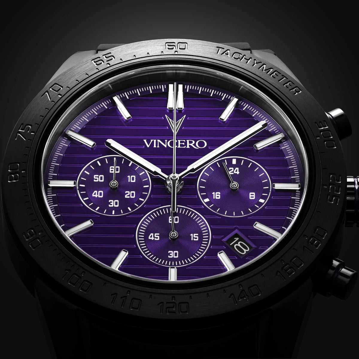Black watch with a purple face on a black background