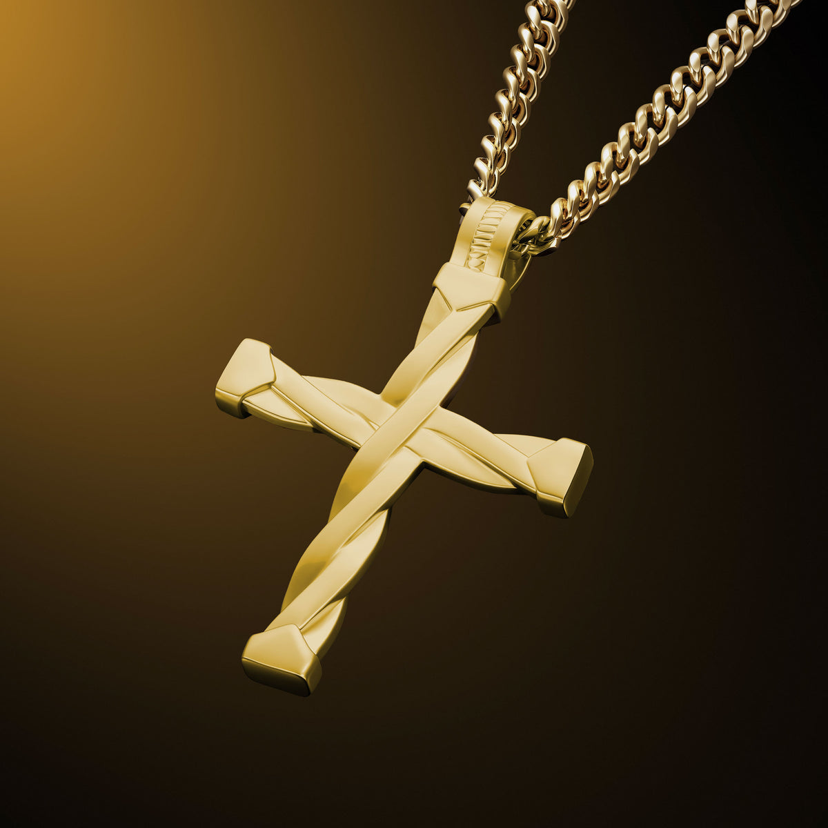 A gold cross pendant with a twisted, braided design detail, hanging from a gold curb chain against a dark brown gradient background.