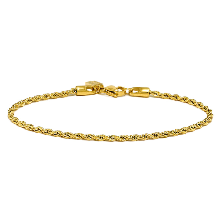 Gold rope chain bracelet on a white background