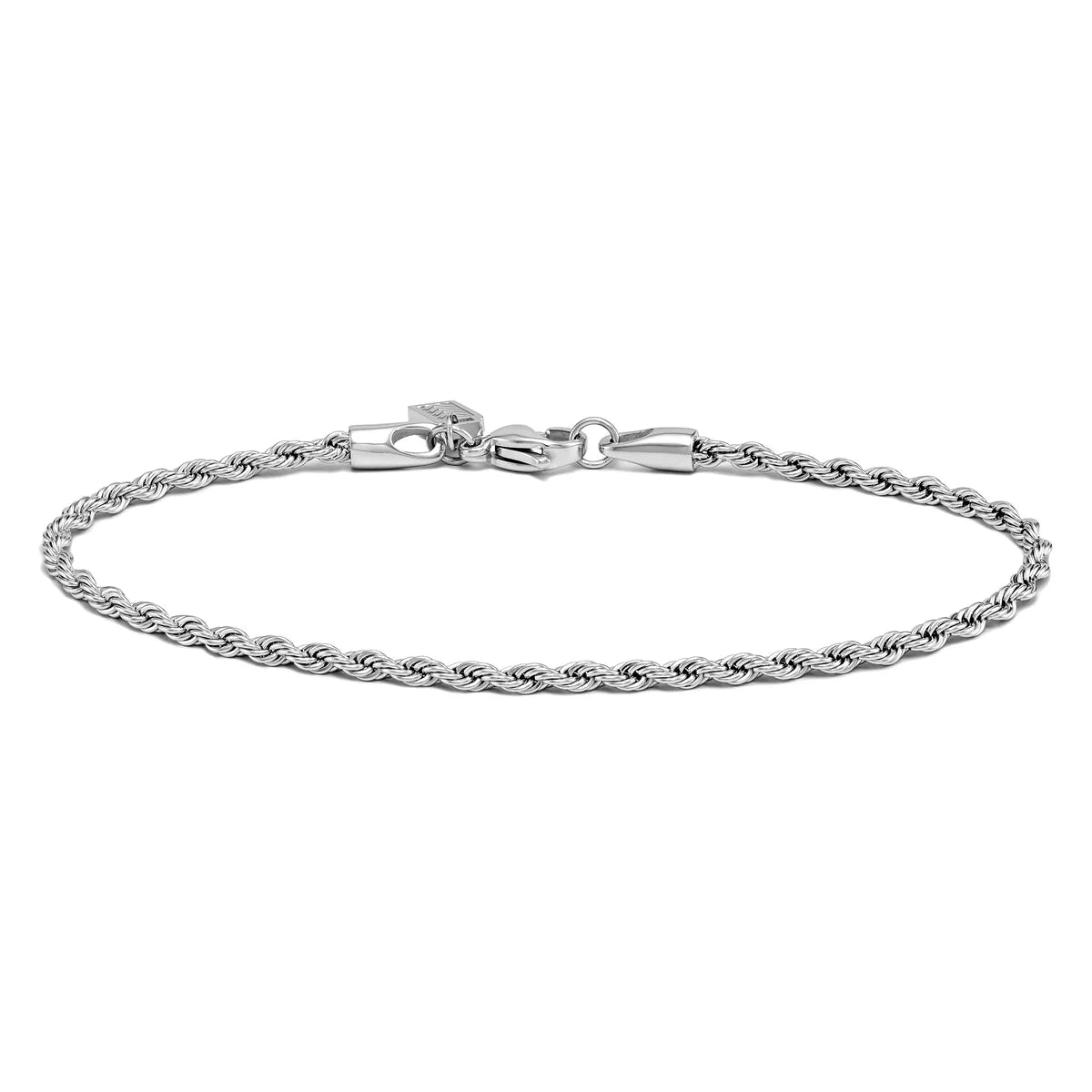 Silver rope chain bracelet on a white background