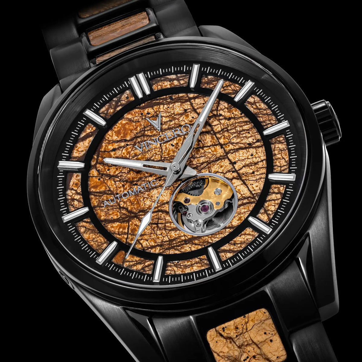 Luxury watch with a detailed face and wooden accents on a black background
