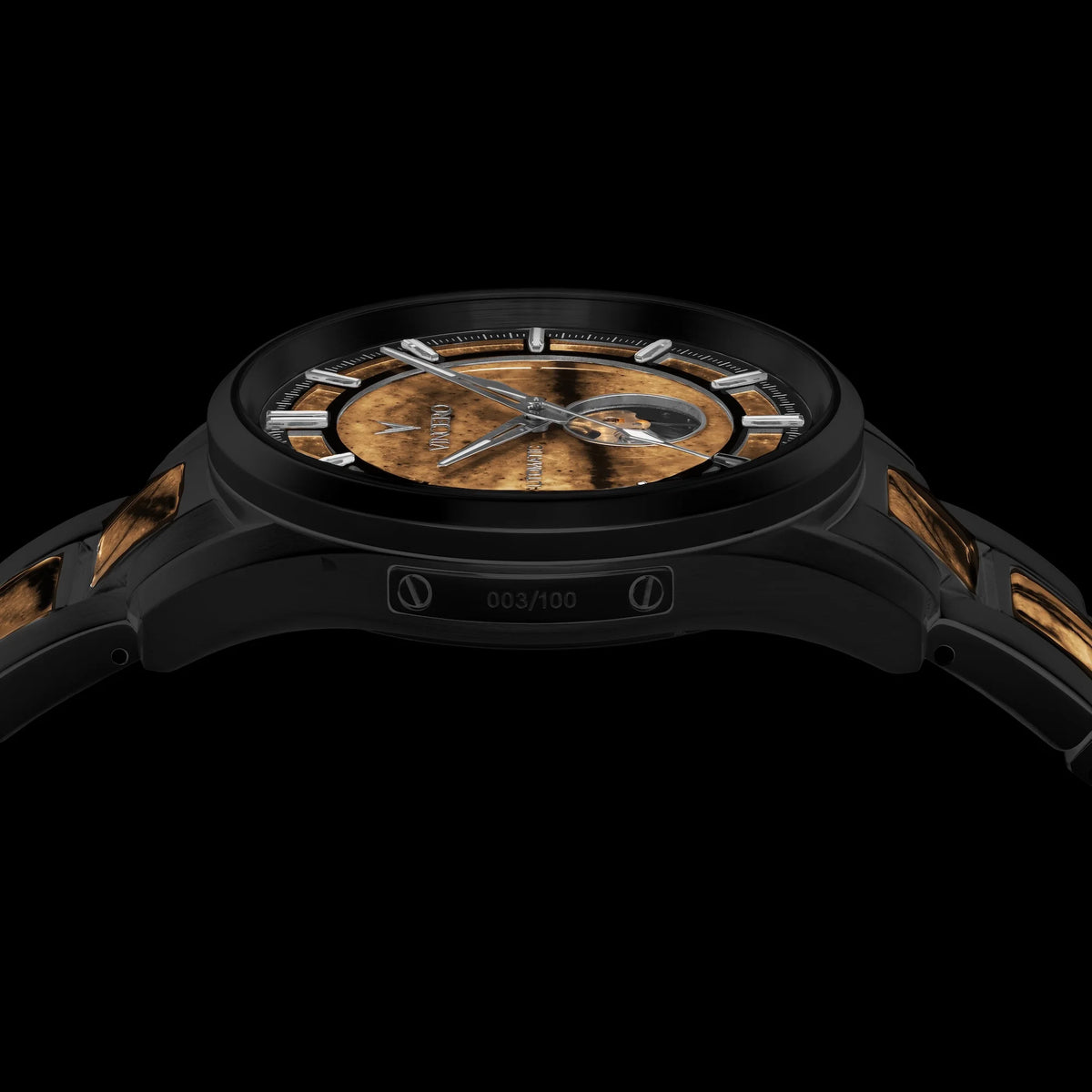 Luxury watch with black case and wooden dial on a black background