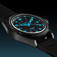 Black wristwatch with blue glowing details on a dark background