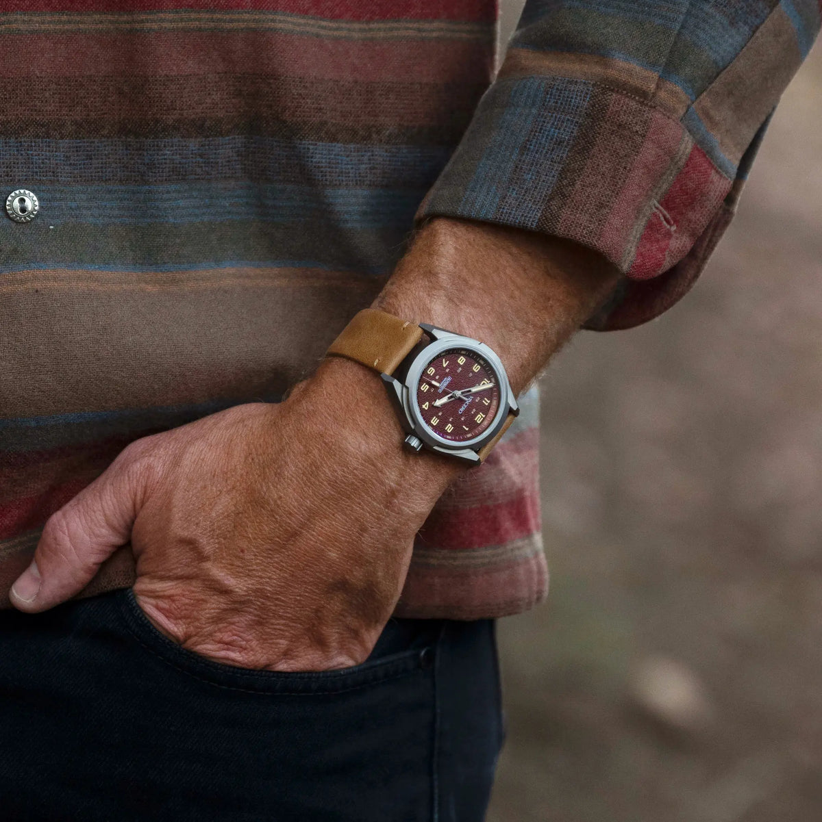 Scout titanium watch  on wrist pocket shot