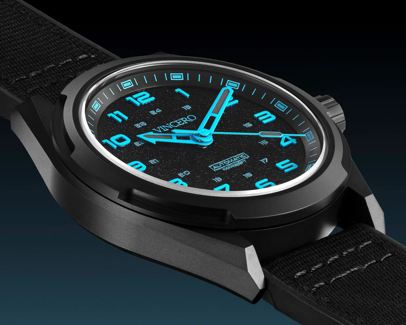 Black wristwatch with blue digital display on a dark background