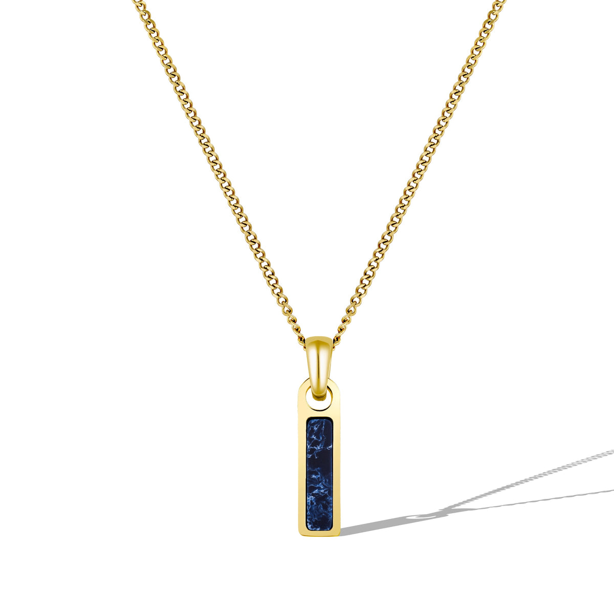 Gold necklace with a blue pendant on a white background