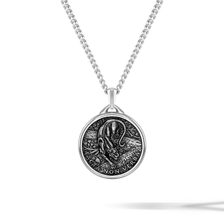 Silver pendant necklace with detailed design on a white background
