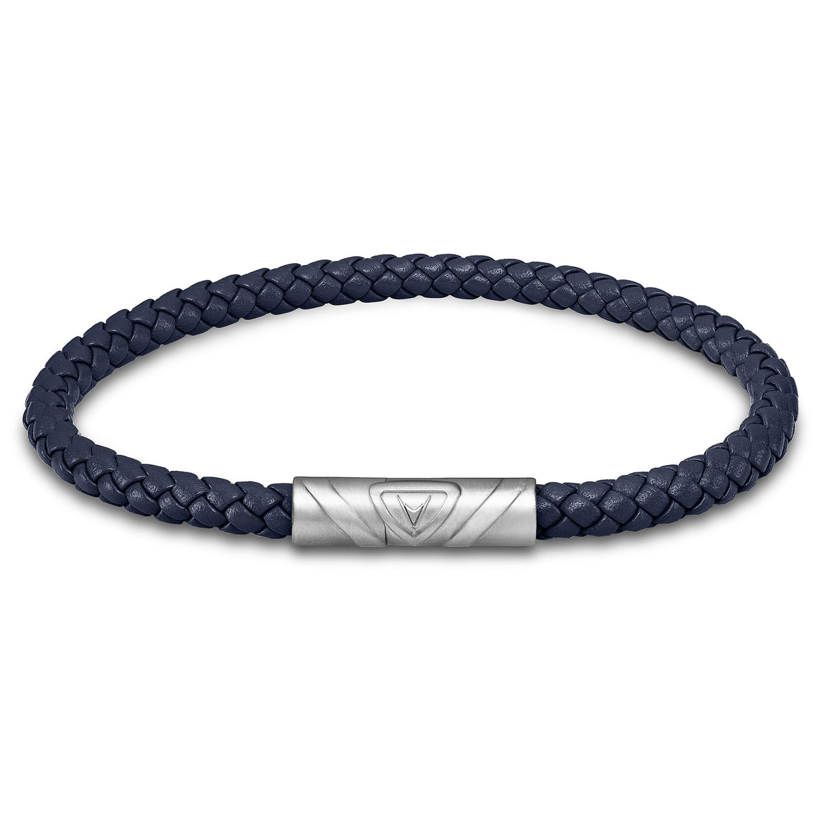 Navy braided leather bracelet with a silver clasp on a white background