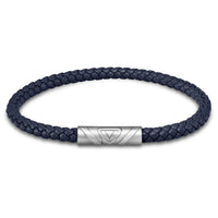 Navy braided leather bracelet with a silver clasp on a white background