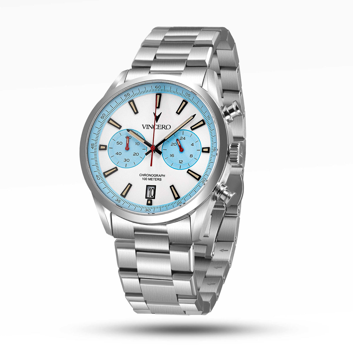 Silver wristwatch with a blue face on a white background