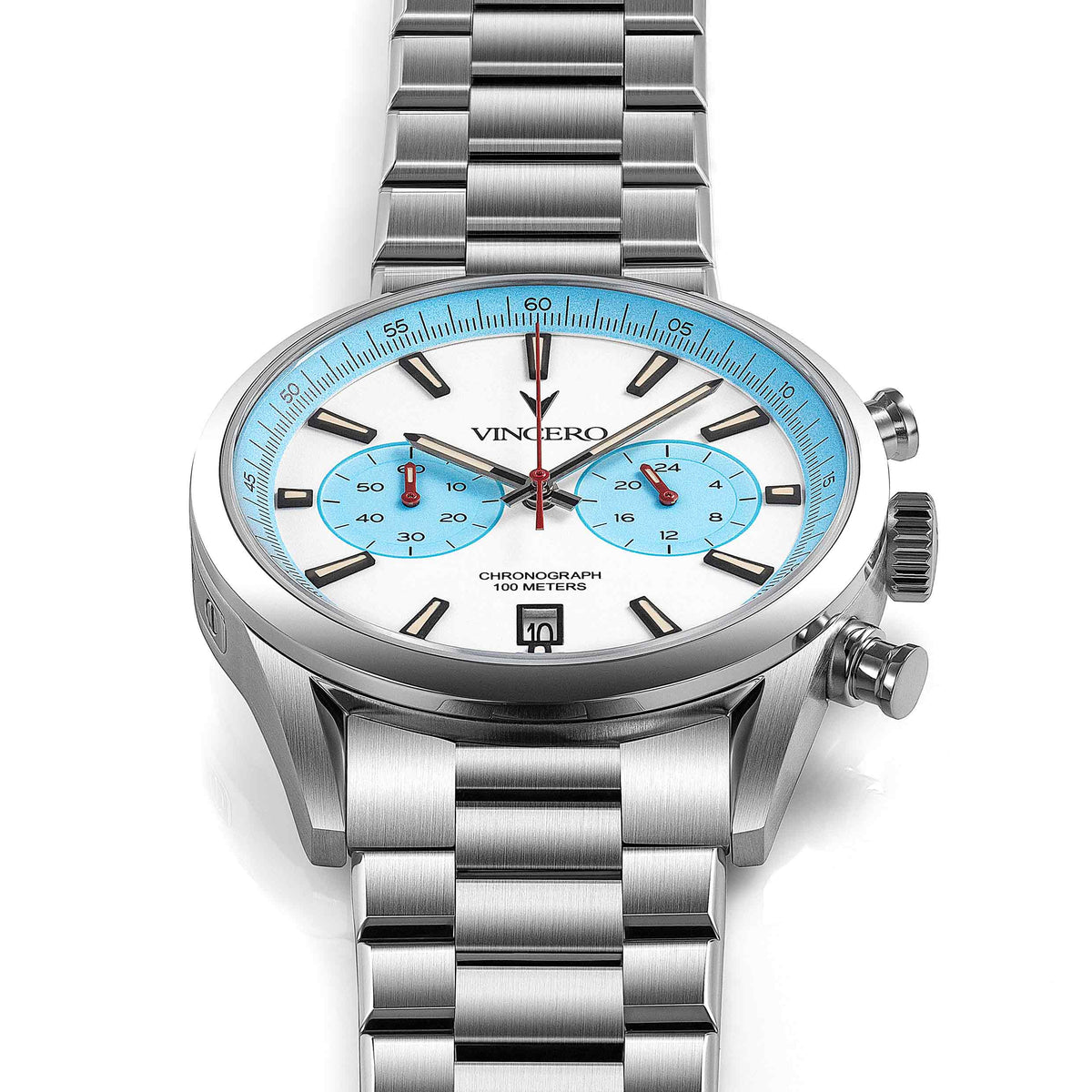 Silver wristwatch with a blue face on a white background