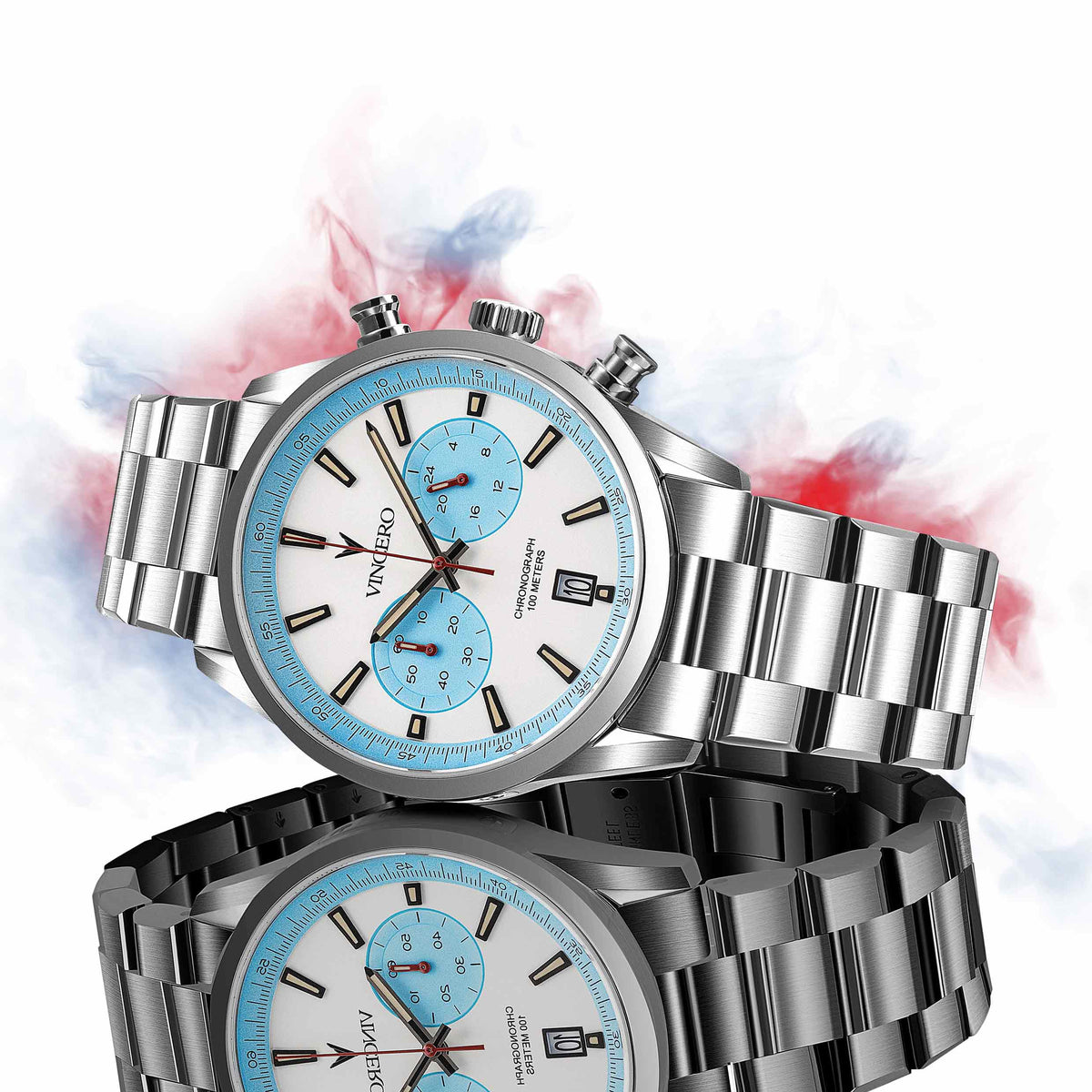 Silver wristwatch with blue face on a colorful abstract background
