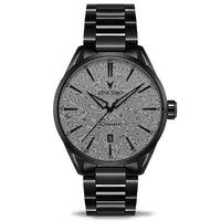 Black wristwatch with intricate face design on a white background