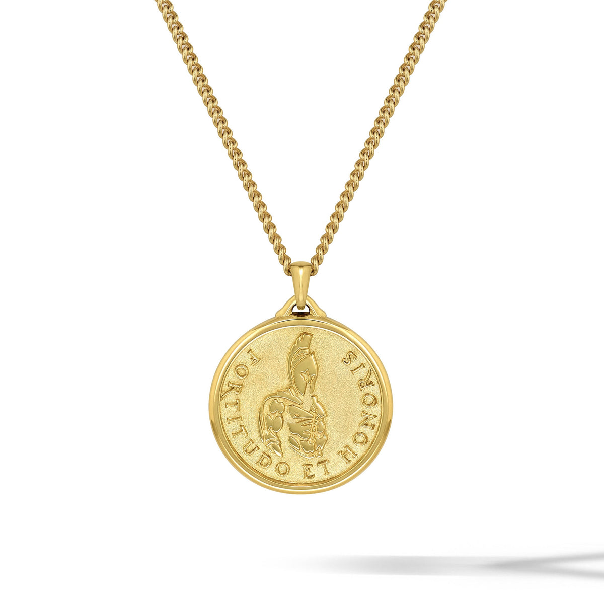 A gold coin pendant necklace featuring a circular medallion with a raised figure and the text 'HONORUM FIDELITATO', suspended from a gold chain on a white background.