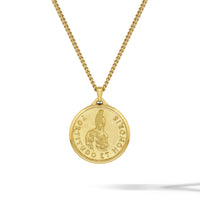 A gold coin pendant necklace featuring a circular medallion with a raised figure and the text 'HONORUM FIDELITATO', suspended from a gold chain on a white background.