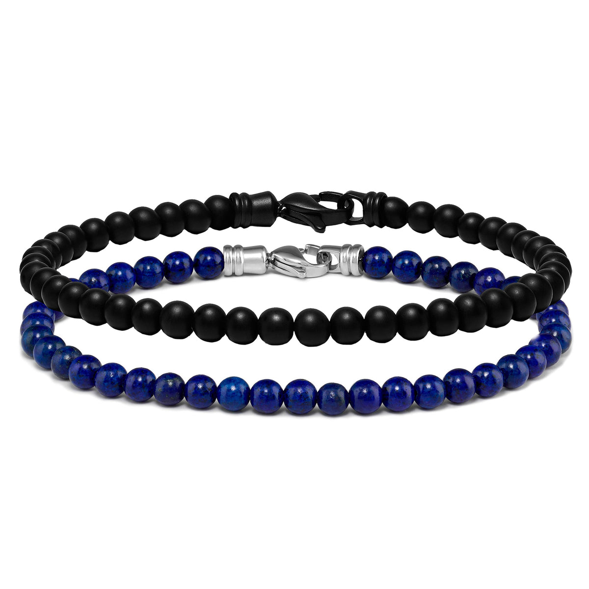 Two beaded bracelets, one black and one blue, on a white background.