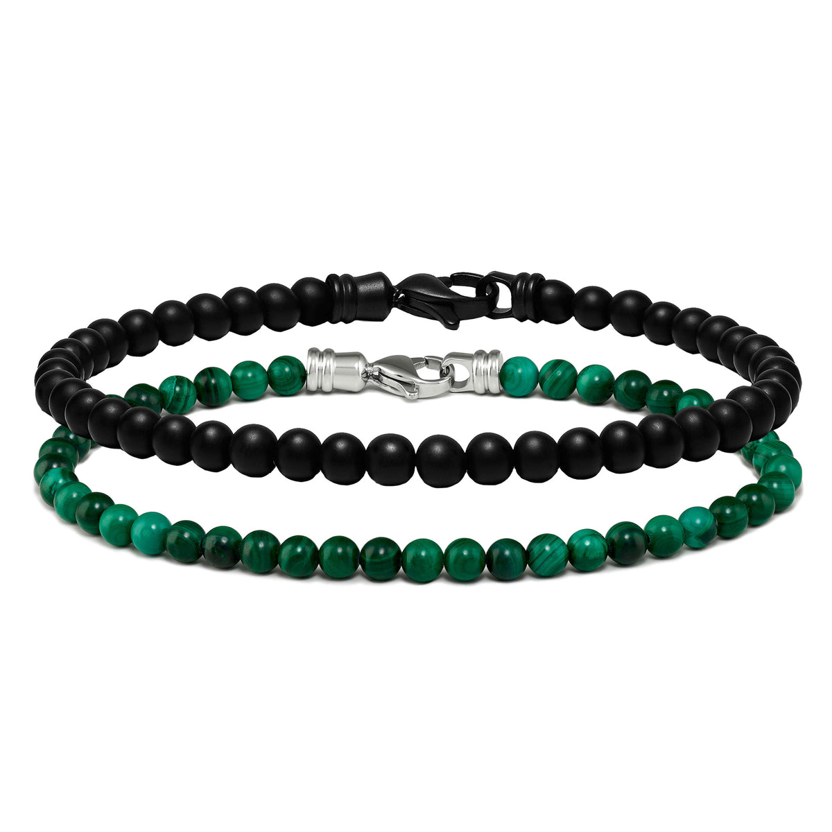 Two beaded bracelets, one black and one green, on a white background.