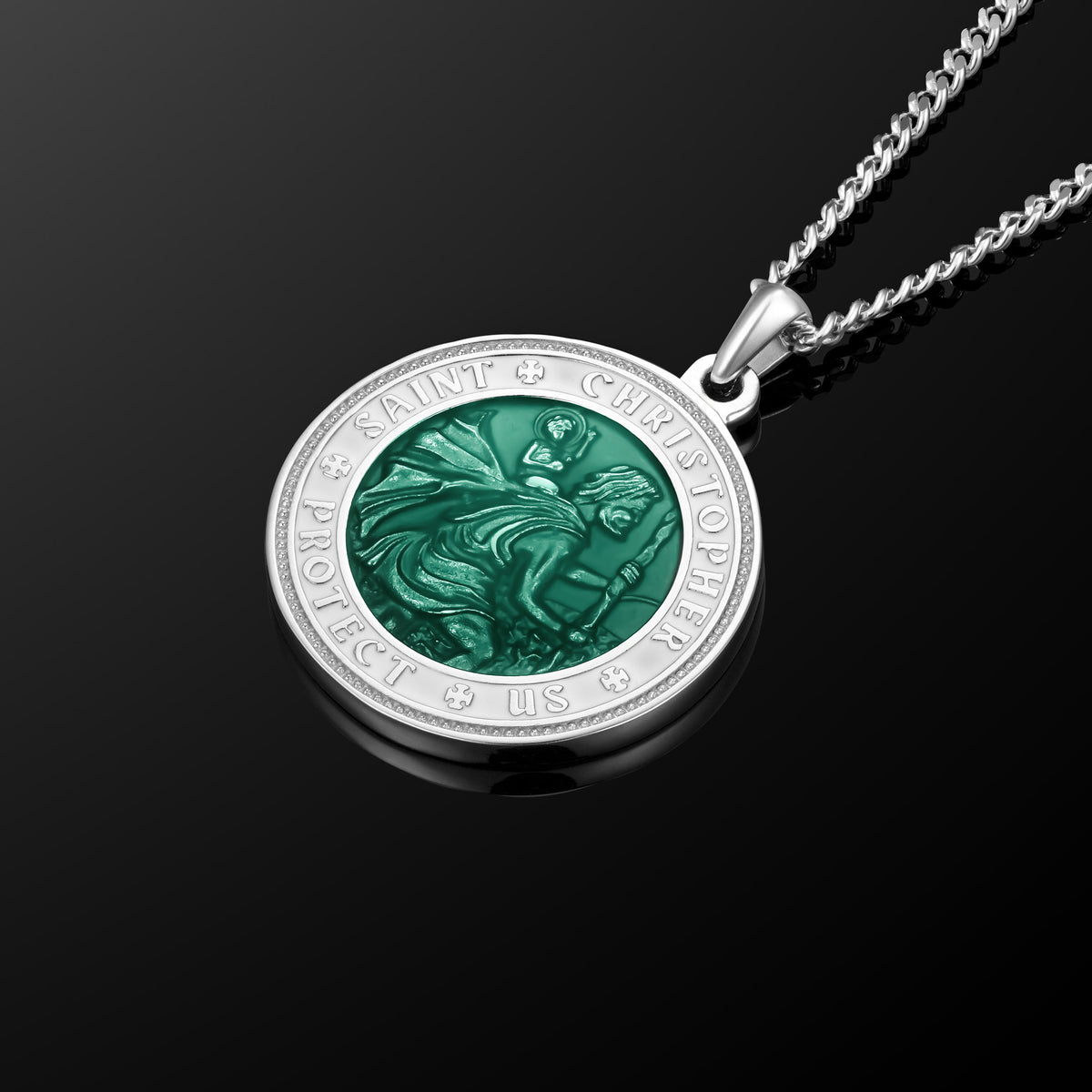 Silver necklace with a green Saint Christopher pendant on a black background