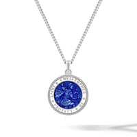 Silver necklace with a blue pendant on a white background